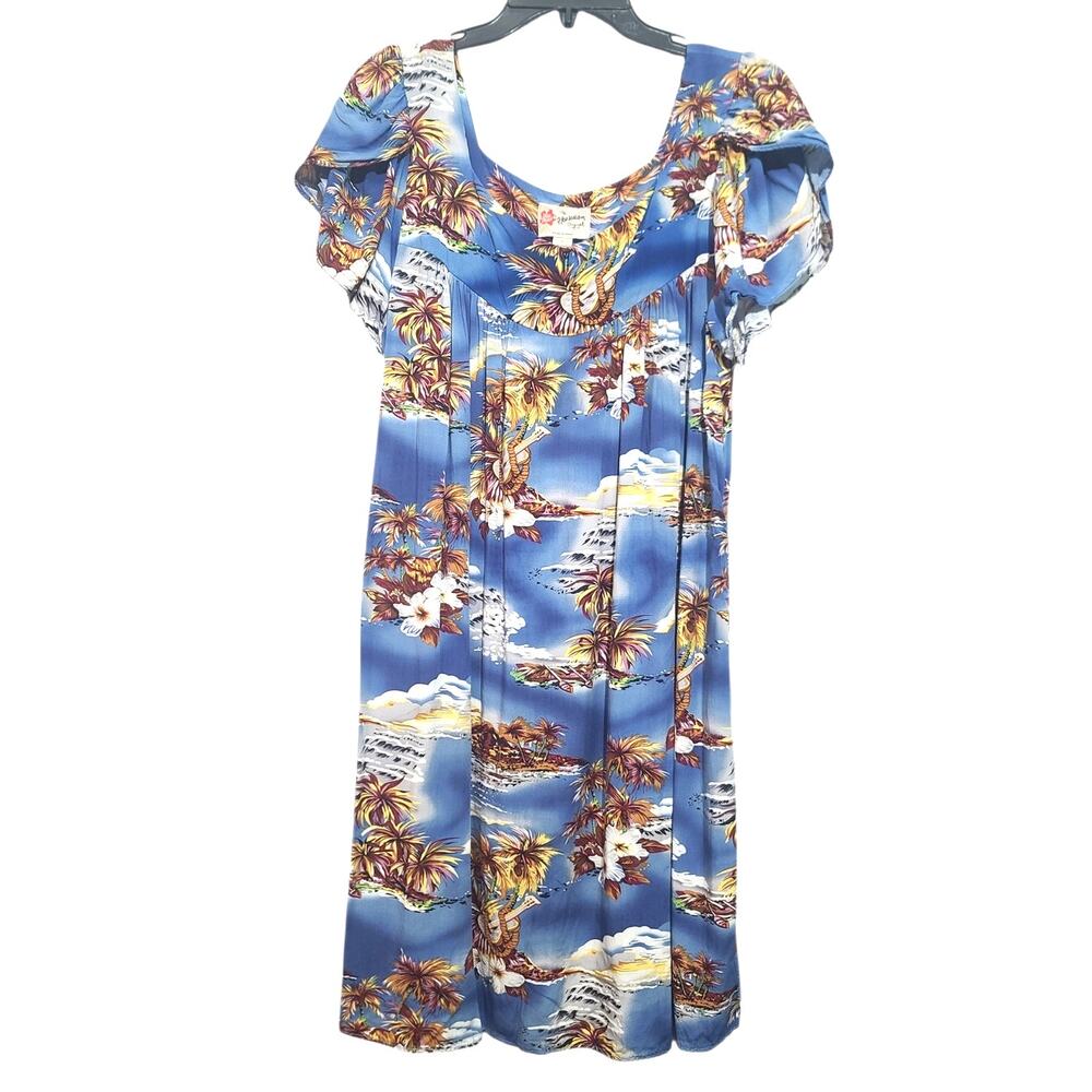 Hilo Hattie Hawaiian Muumuu Dress Large Blue Tropical Floral Rayon Luau